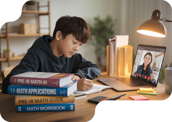 Student studying Pre-IB Math Applications and Interpretation with textbooks and online tutor
