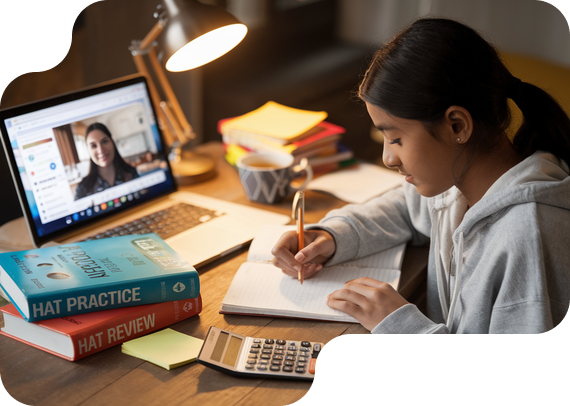 Student preparing for HAT history admissions test with prep books and online tutor