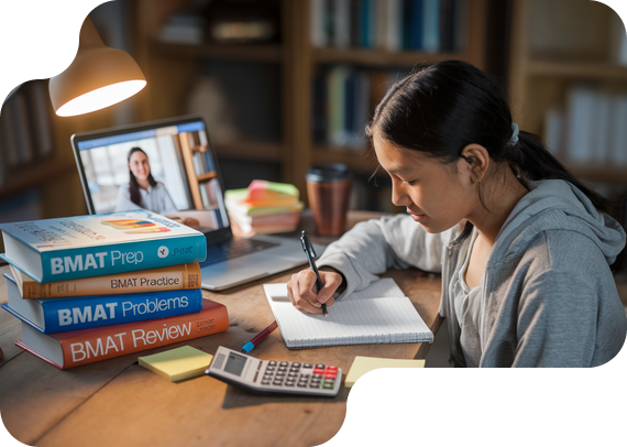 Student preparing for BMAT admissions test with prep books and online tutor