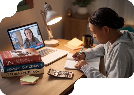Student studying US Algebra 2 with textbooks and online tutor
