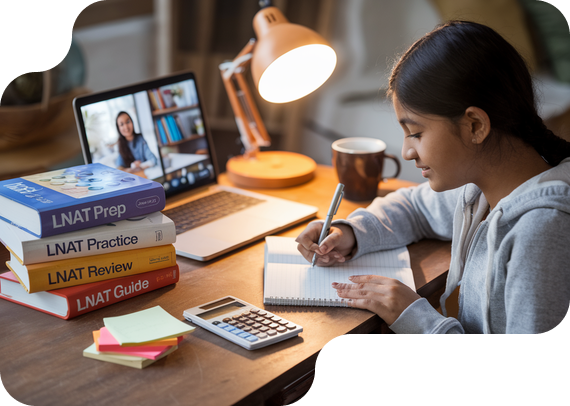 Student preparing for LNAT law admissions test with prep books and online tutor