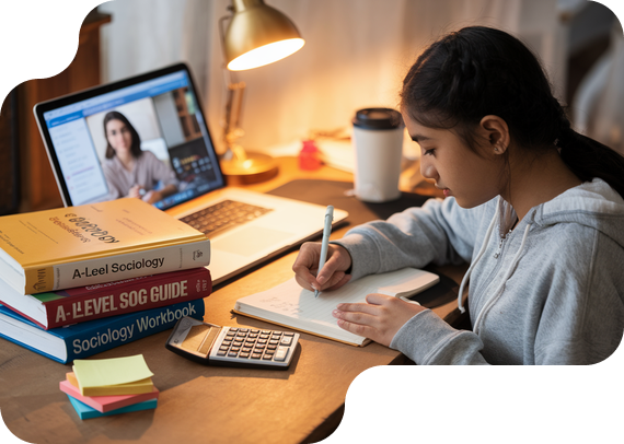 Student studying A-Level Sociology with textbooks and online tutor