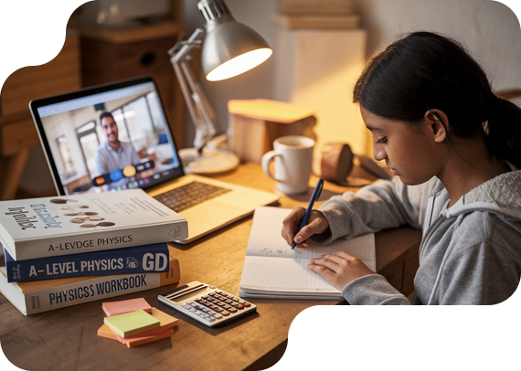 Student studying A-Level Physics with textbooks and online tutor