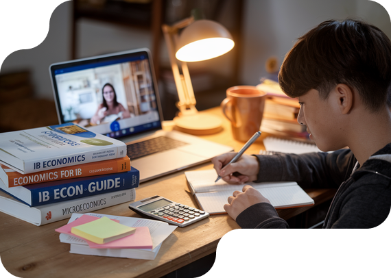 Student studying IB Economics with textbooks and online tutor