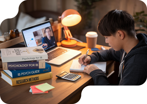 Student studying IB Psychology with textbooks and online tutor