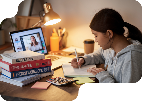Student studying IGCSE French with textbooks and online tutor