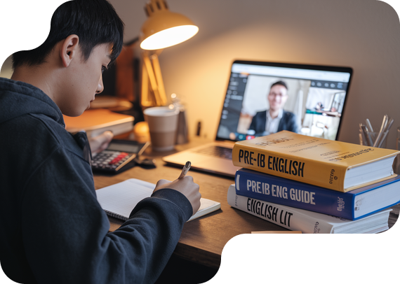Student studying Pre-IB English with textbooks and online tutor