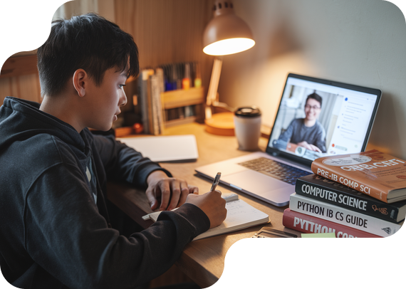 Student studying Pre-IB Computer Science with textbooks and online tutor
