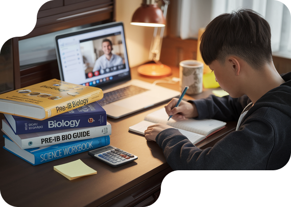 Student studying Pre-IB Biology with textbooks and online tutor