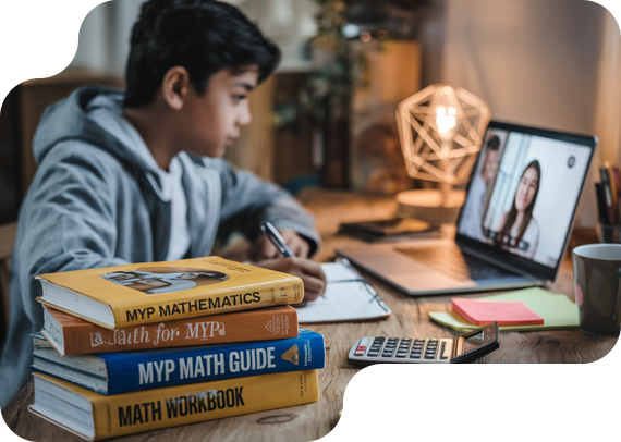 Student studying MYP Mathematics with textbooks and online tutor