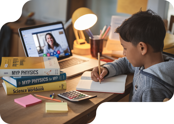 Student studying MYP Physics with textbooks and online tutor