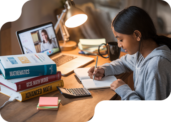 Student studying Pre A-Level Math with textbooks and online tutor
