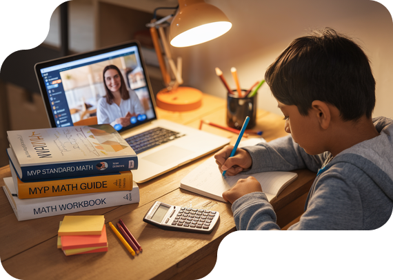 Student studying MYP Standard Mathematics with textbooks and online tutor