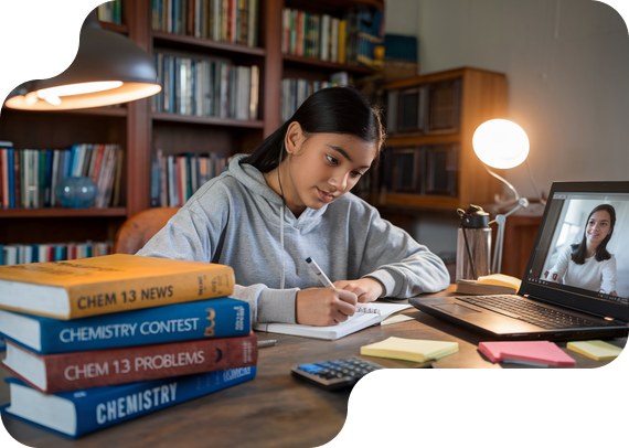Student preparing for Chem 13 News contest with prep books and online tutor