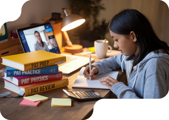 Student preparing for PAT physics admissions test with prep books and online tutor