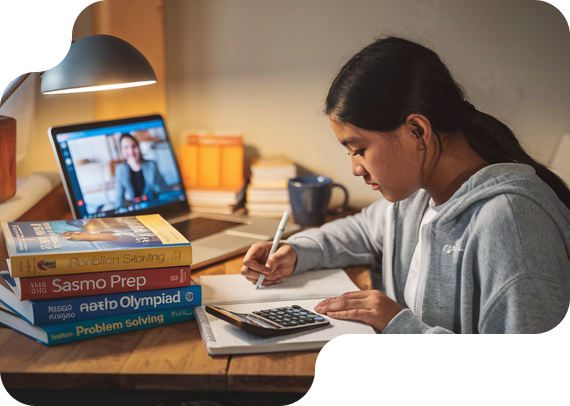 Student preparing for SASMO math olympiad with prep books and online tutor