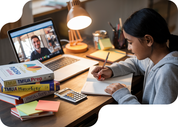Student preparing for TMUA exam with prep books and online tutor