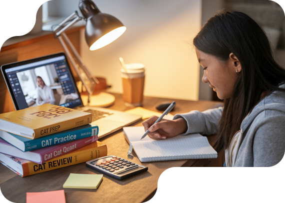 Student preparing for CAT exam with prep books and online tutor