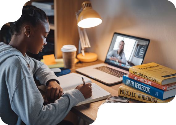 Student studying US Pre-Calculus with textbooks and online tutor