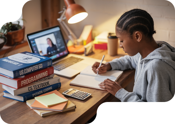 Student studying US Computer Science with textbooks and online tutor