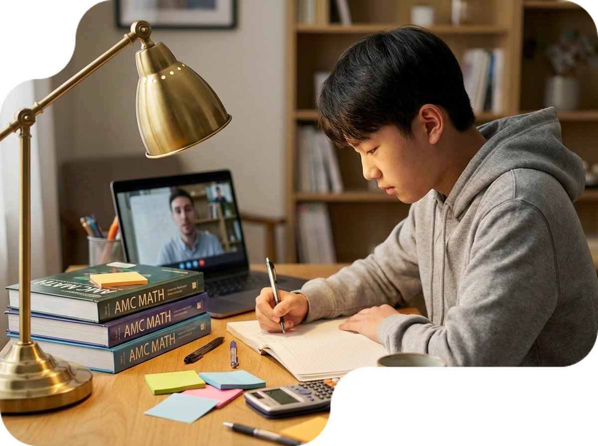 Student preparing for Australian Math Competition with prep books and online tutor