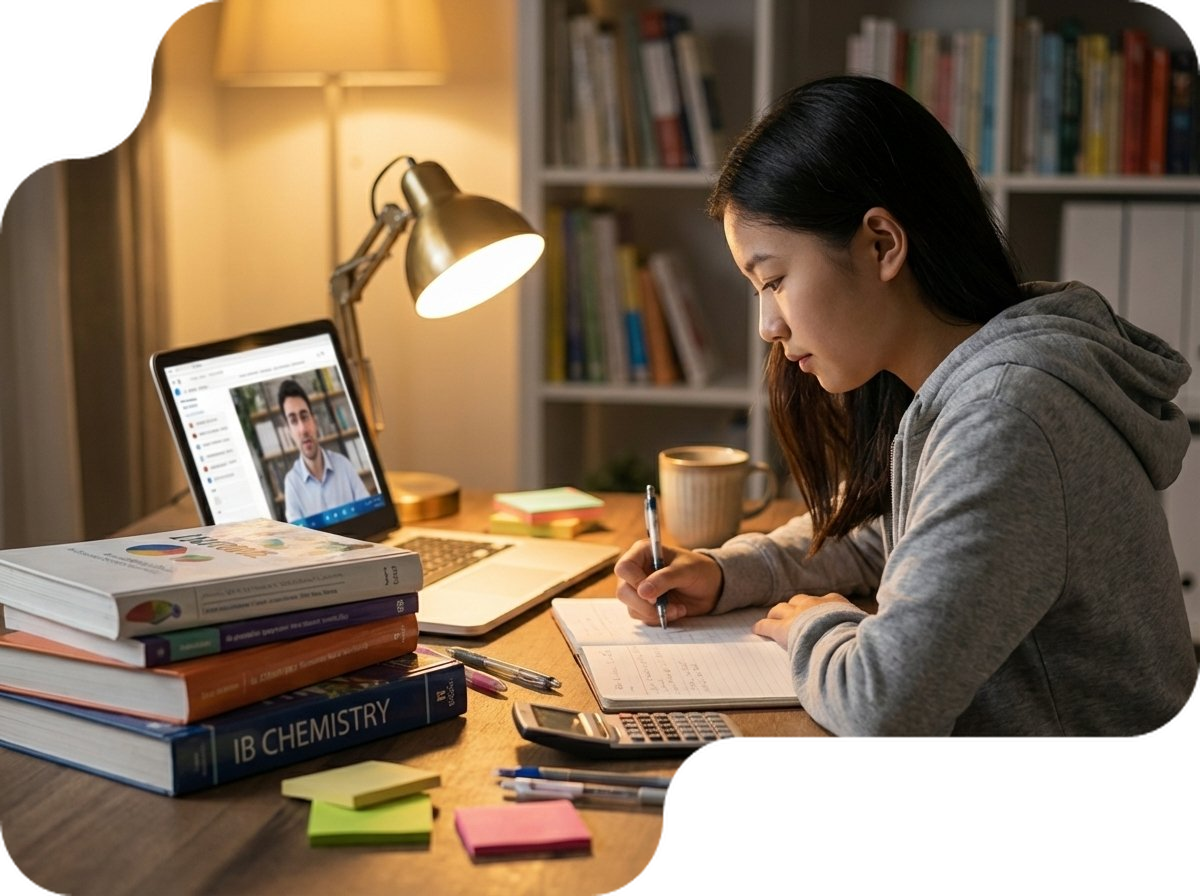 Student studying IB Chemistry with textbooks and online tutor