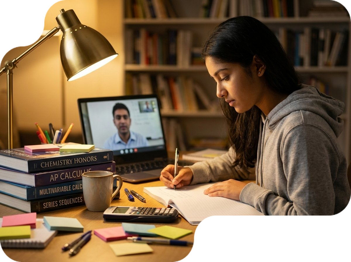 Student studying US Chemistry Honors with textbooks and online tutor