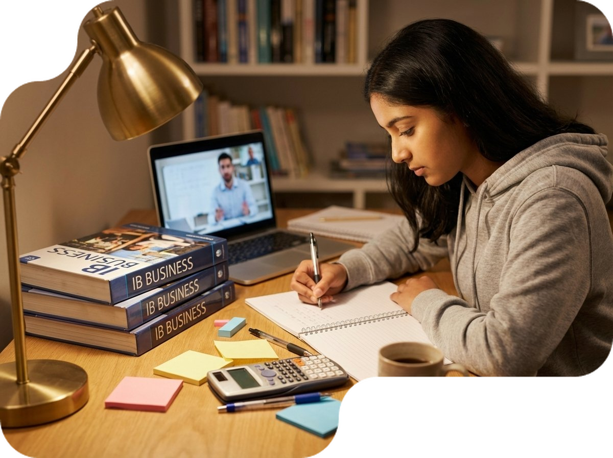 Student studying IB Business Management with textbooks and online tutor