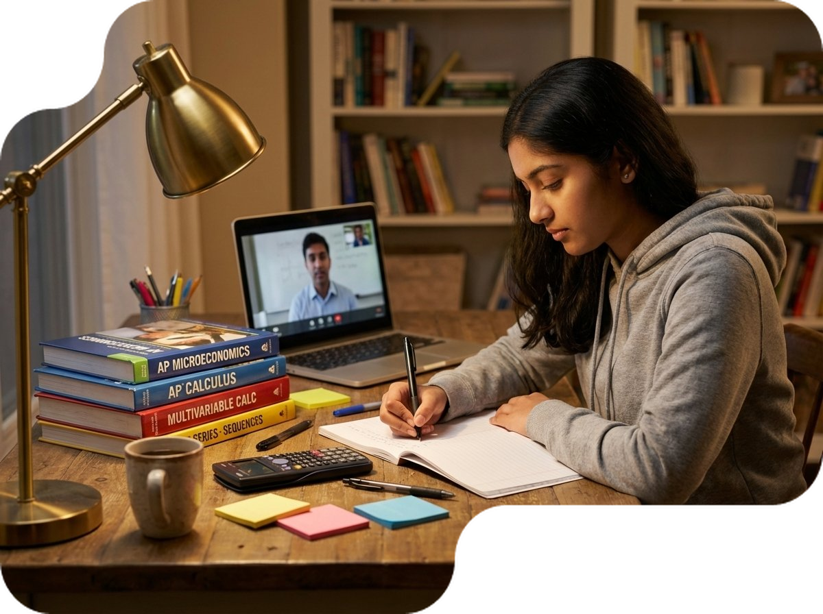Student studying AP Microeconomics with textbooks and online tutor