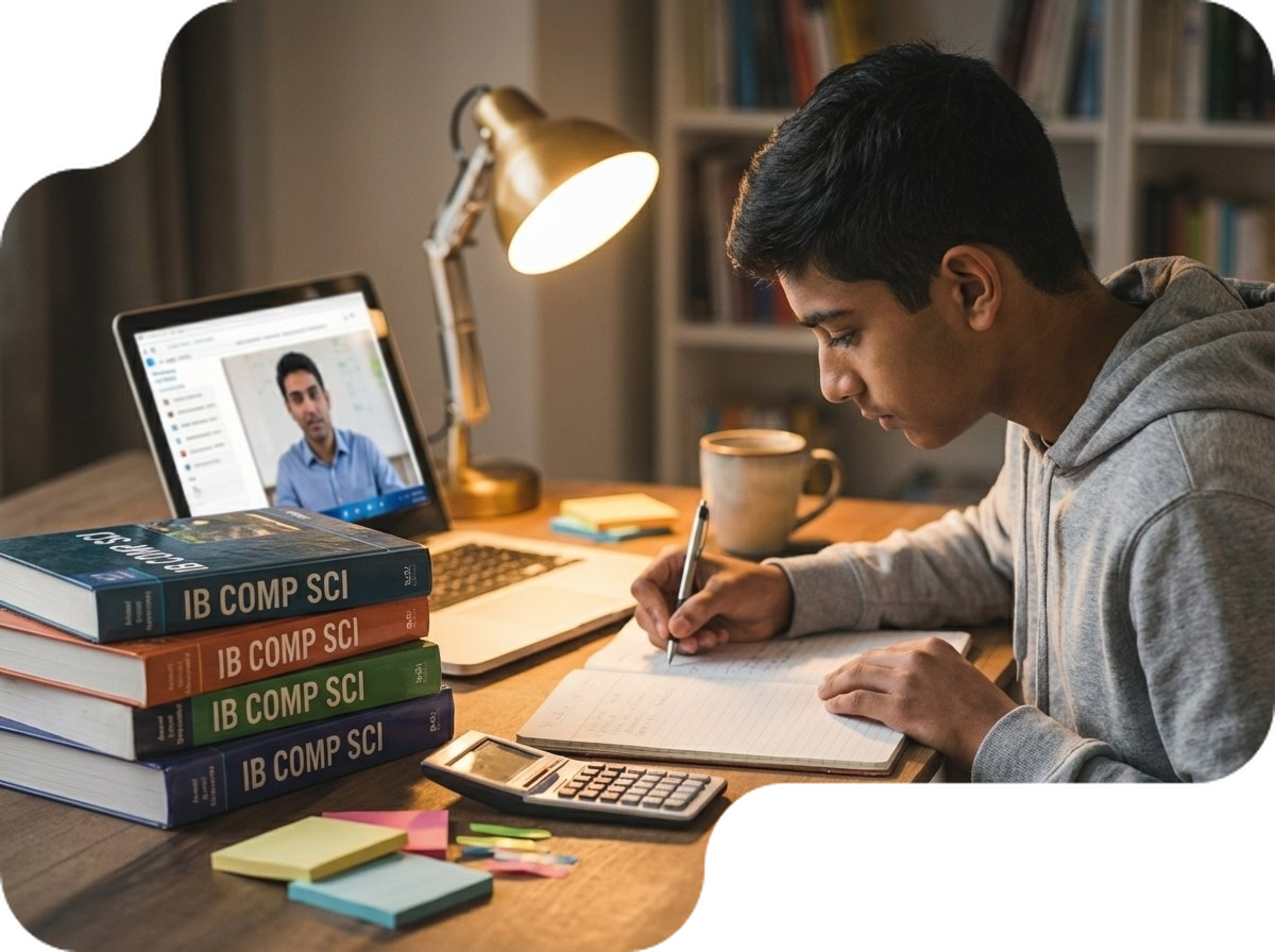 Student studying IB Computer Science with textbooks and online tutor