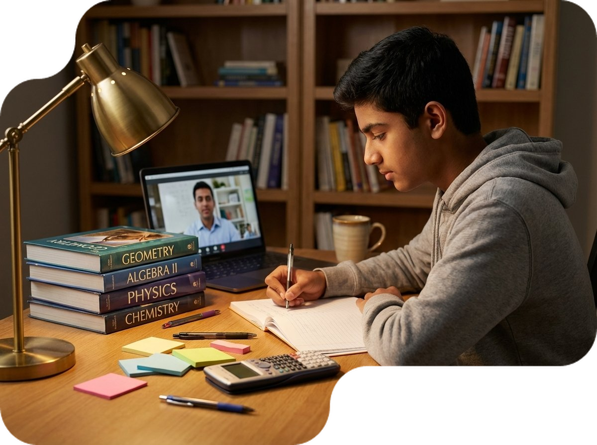 Student studying US Geometry with textbooks and online tutor