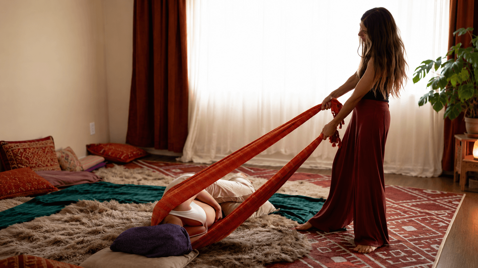 Rebozo therapy session with traditional woven cloth at The Pearl Laguna