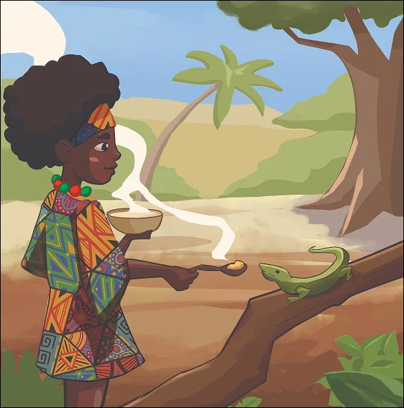 girl feedign a lizard in forest