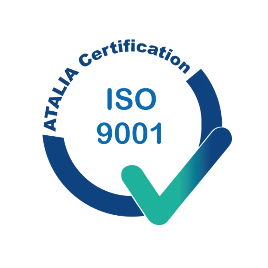 Logo de certification ISO 9001 avec une coche verte et texte circulaire 'ATALIA Certification'.