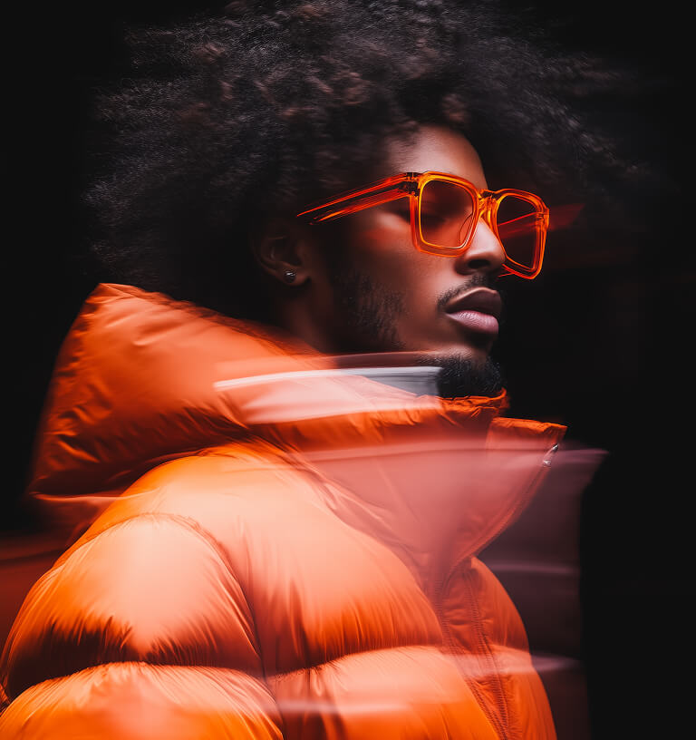 Side profile of a man with curly hair wearing large orange sunglasses and an orange puffer jacket against a dark background.