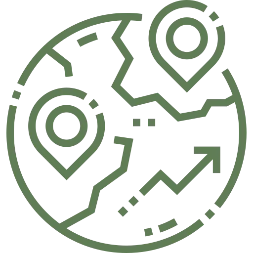 Ikona planéty so značkami umiestnenia a šípkou naznačujúcou rast alebo smerovanie.