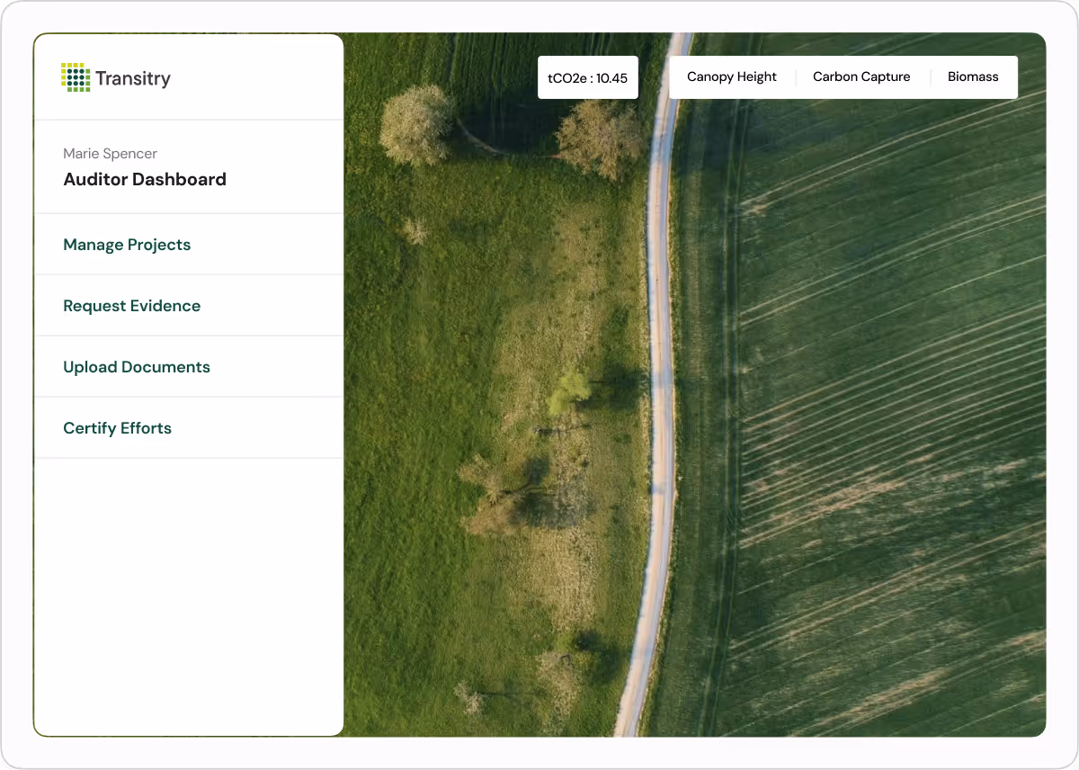 Auditor dashboard interface showing a menu with project management options alongside an aerial view of green fields and a curved road.
