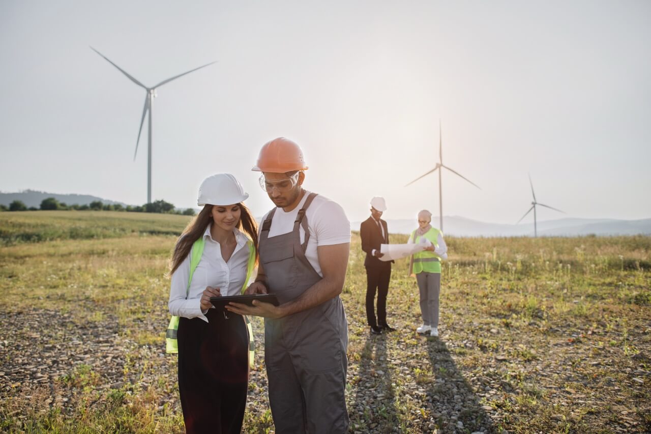 Zwei Ingenieure mit Schutzhelmen überprüfen auf einem Feld mit Windkraftanlagen Pläne auf einem Tablet, während zwei weitere Personen im Hintergrund Baupläne besprechen.