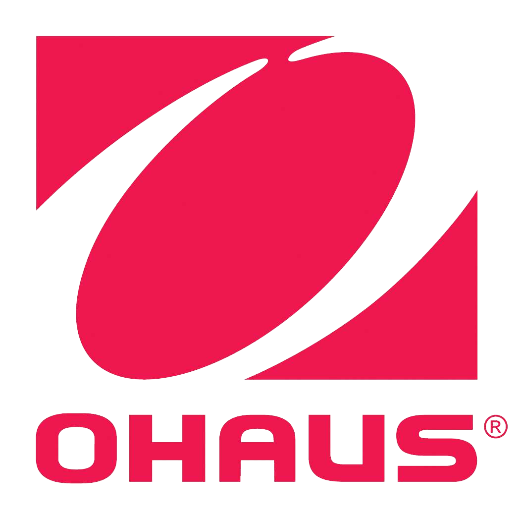 OHAUS logo featuring a stylized red oval shape above the brand name in bold red letters.
