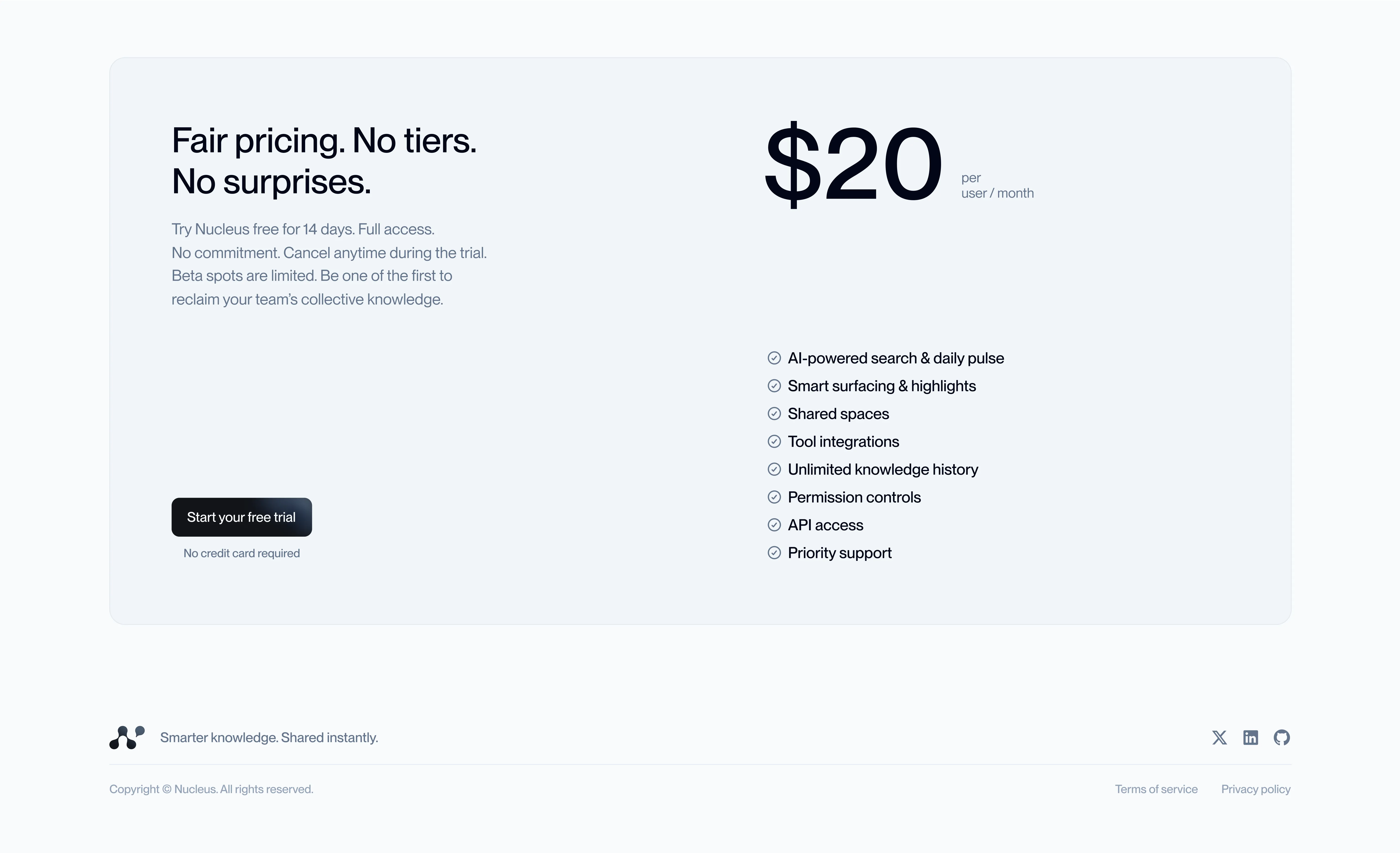 nucleus landing page pricing section