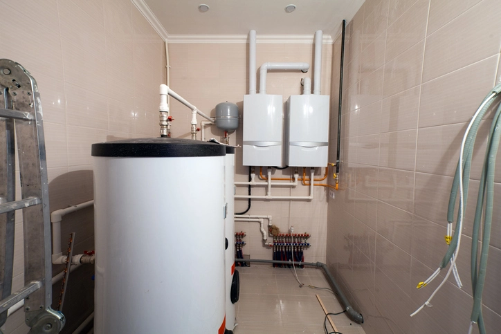 Two white boilers installed in a room with water water system interconnected
