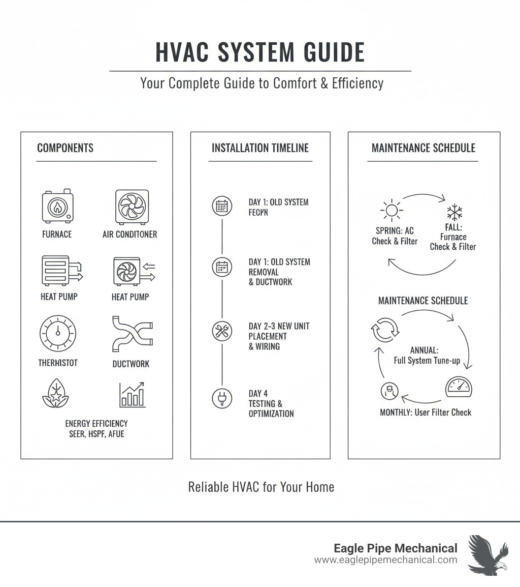 Comprehensive guide to HVAC system components including furnace, air conditioner, heat pump, thermostat, ductwork, and energy efficiency ratings with installation timeline and maintenance schedule - hvac installation kingston infographic 