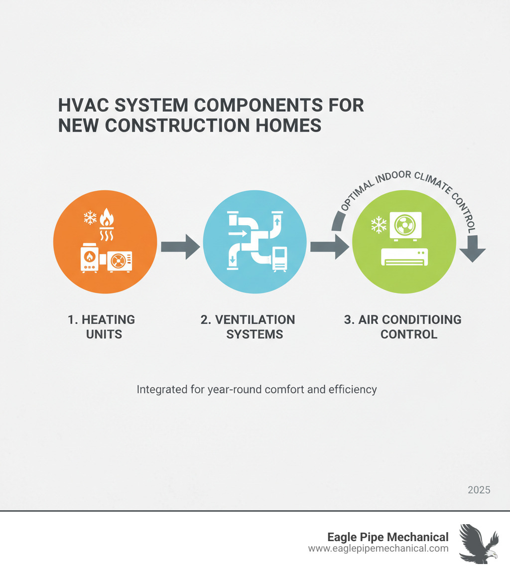 Comprehensive guide showing the three main components of HVAC systems: heating units like furnaces and heat pumps, ventilation systems including ductwork and air handlers, and air conditioning components, with arrows showing how they work together to create optimal indoor climate control for new construction homes - hvac installation new construction bainbridge island infographic