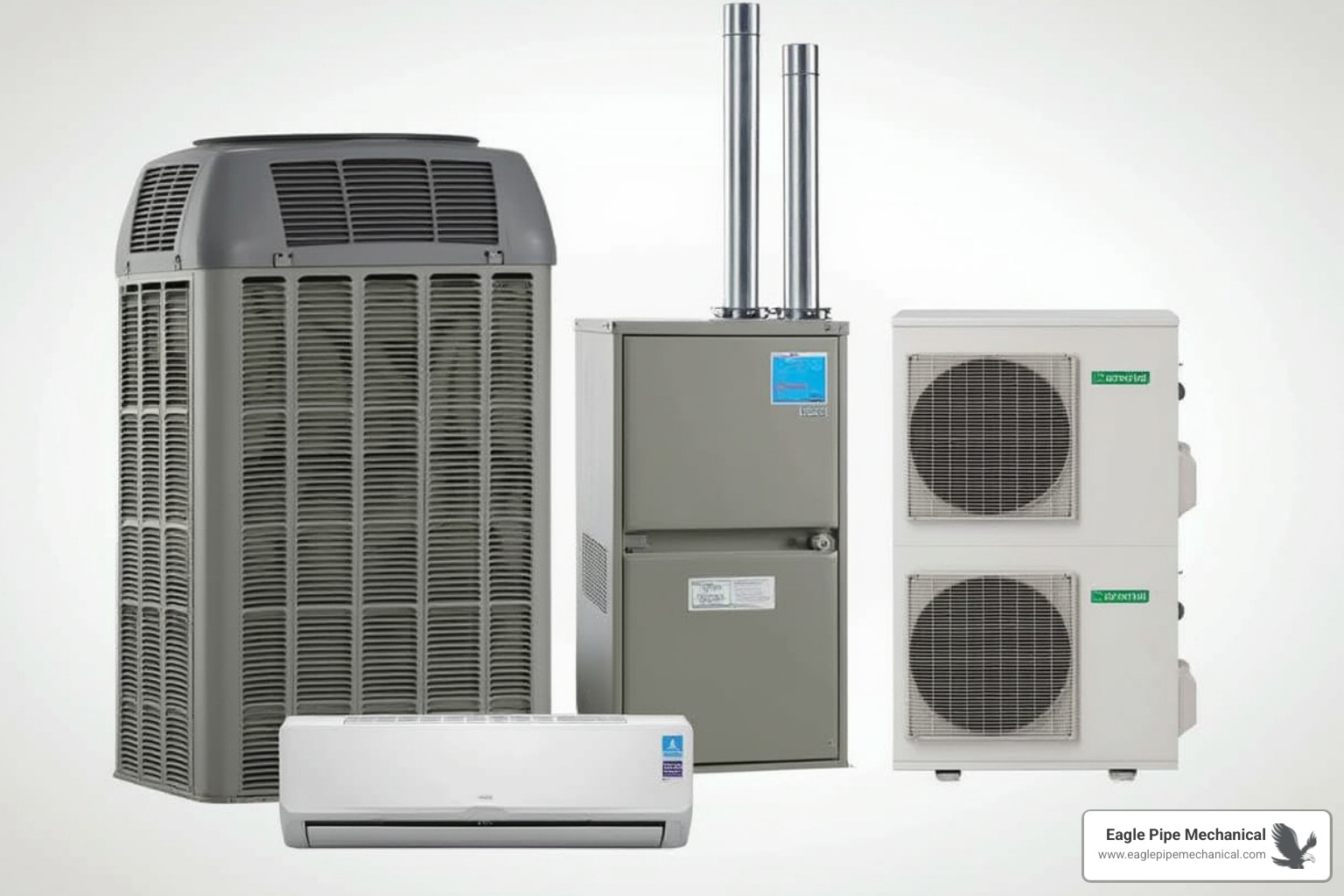 different HVAC units like a heat pump, furnace, and ductless mini-split - hvac installation new construction bainbridge island