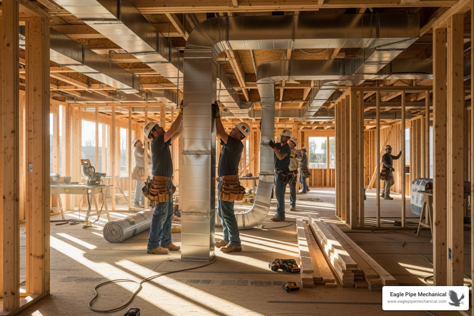 HVAC ductwork being installed in the frame of a new home - hvac installation new construction bainbridge island