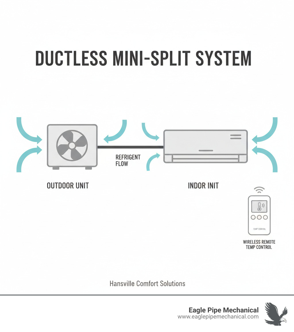 Infographic showing ductless mini-split system components: outdoor compressor unit connected via small conduit to wall-mounted indoor air handler, with arrows indicating refrigerant flow and wireless remote control for temperature adjustment - ductless ac hansville infographic 