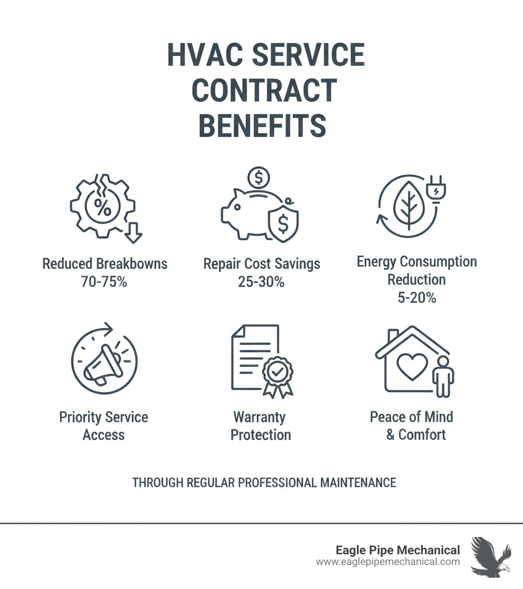 Infographic showing HVAC service contract benefits including reduced breakdowns by 70-75%, repair cost savings of 25-30%, energy consumption reduction of 5-20%, priority service access, warranty protection, and peace of mind through regular professional maintenance - hvac service contract infographic 