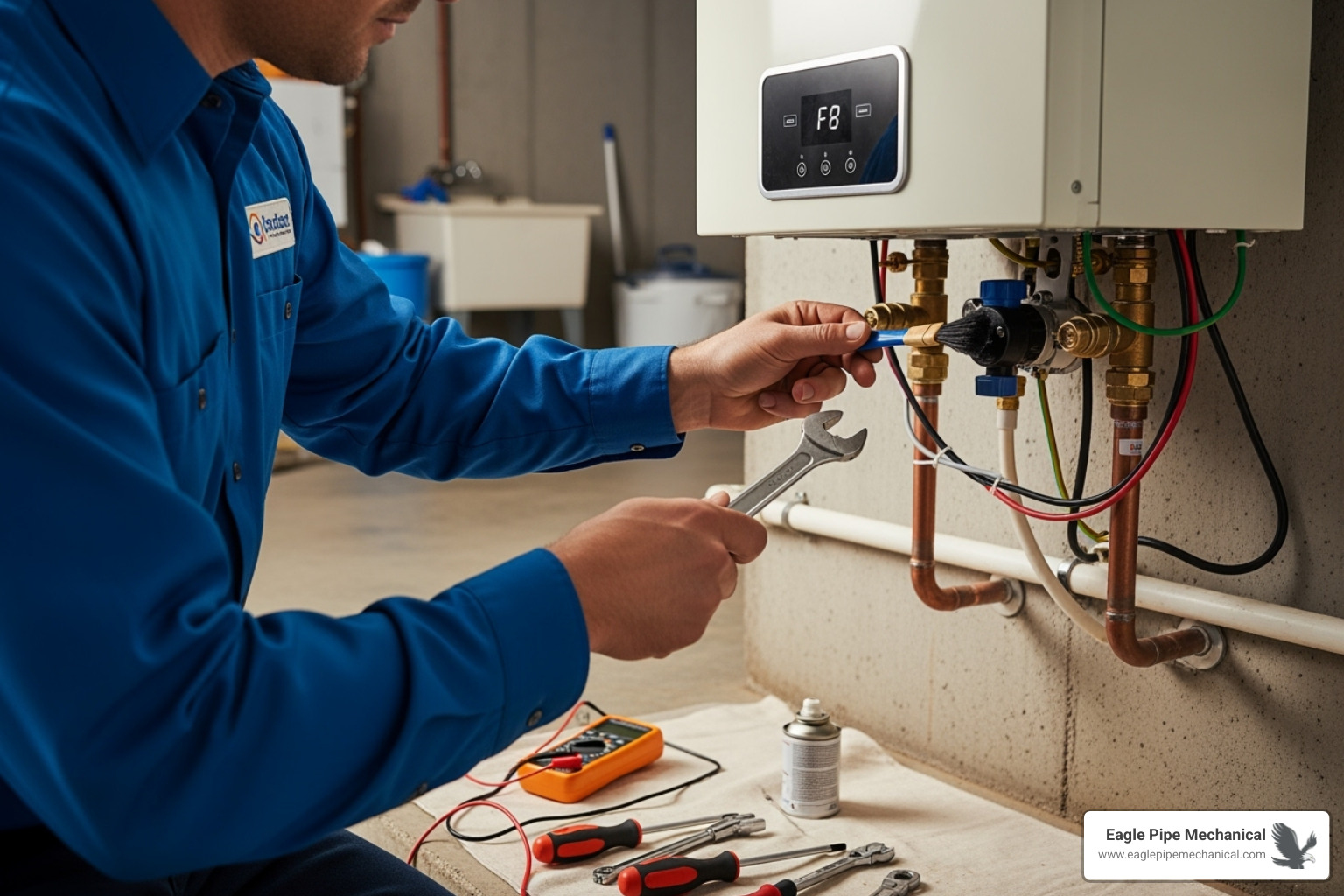 Technician performing annual maintenance on a tankless unit - tankless water heater installation
