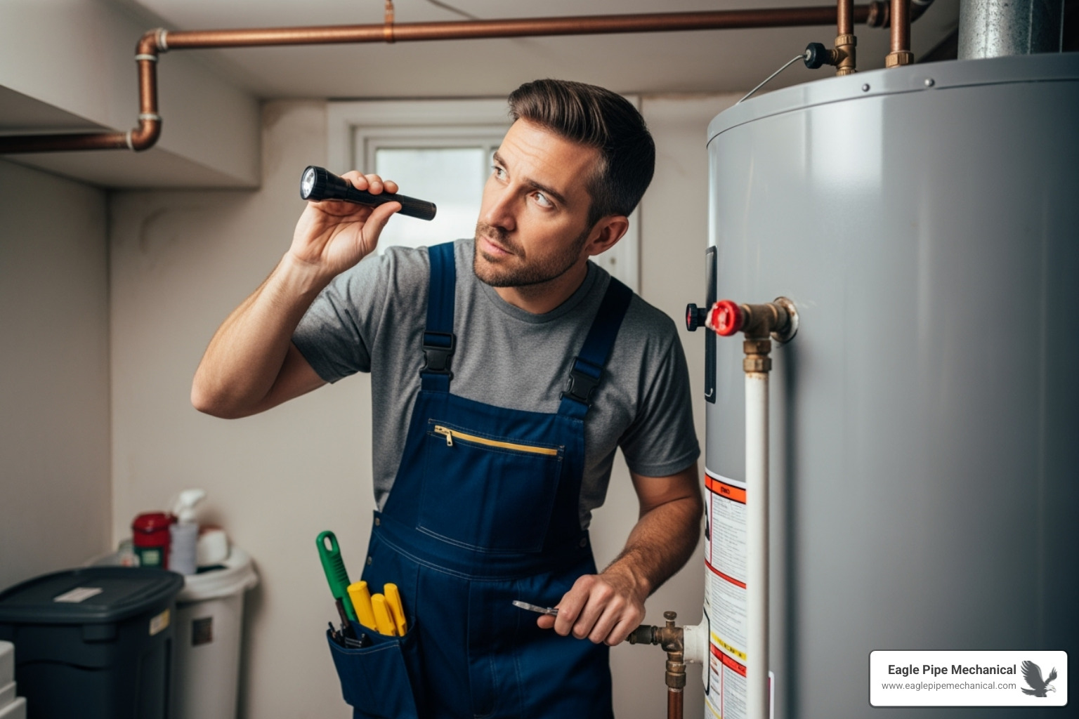 Qualified plumber assessing an old tank water heater for replacement - tankless water heater installation