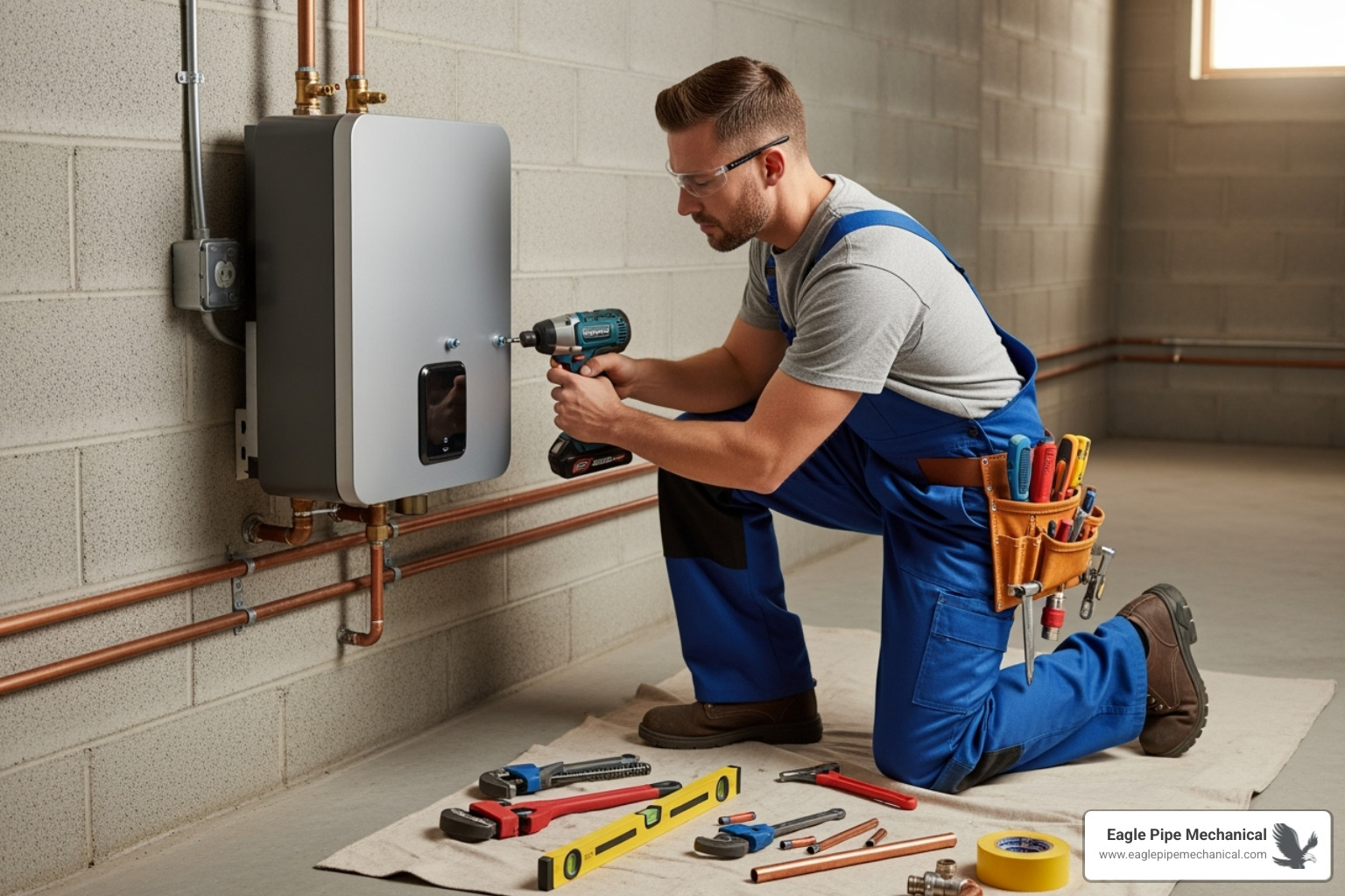 Technician securely mounting a tankless unit to a wall - tankless water heater installation